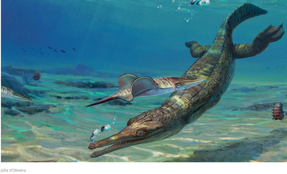 Ilustración de un cocodrilo jurásico con aletas en lugar de patas.