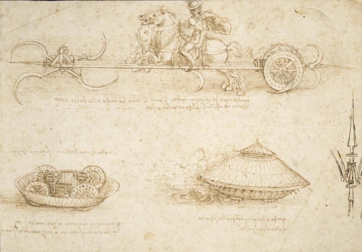 Otros planos de da Vinci: un carro guadañado y un tanque blindado.