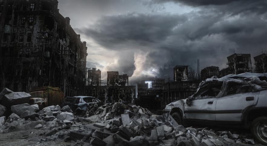 Ilustración apocalíptica de una ciudad en ruinas.
